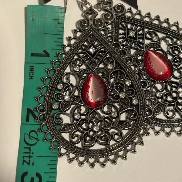 Paparazzi Eden Glow Red Cat's Eye Silver Filigree Teardrop Earrings - Image 9