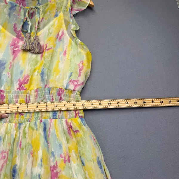 Anthropologie Watercolor Maxi Dress Yellow‎ Pink Blue Smocked Waist Size 4 - Image 4