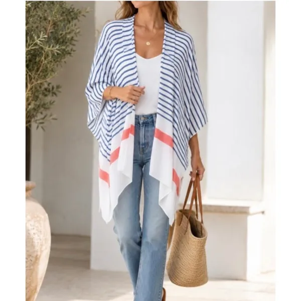 Mersea Thinny Traveler Travel Wrap White Navy Red Striped Poncho TTRV-WHITE NWT - Image 2