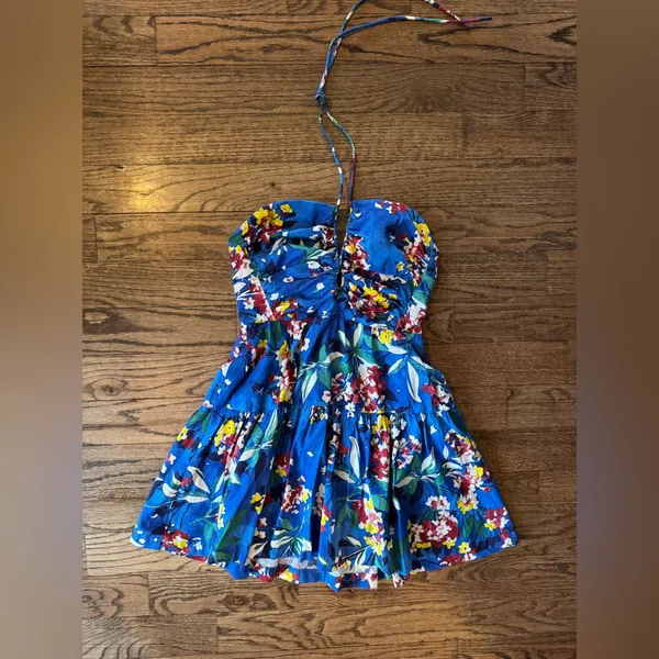 Anthropologie Emily Halter Mini Dress Small Floral Cut Out Ruched Open Back Blue - Image 3
