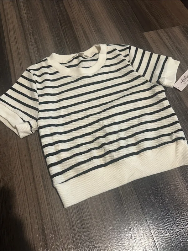 Women’s Cream & Black Striped Short Sleeve Top - Image 2