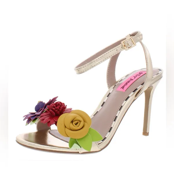 Betsey Johnson Fluer Sandals Heels Flower embellished Size 7.5 Gold Metallic - Image 10