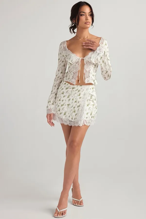House of CB Noemie Floral Lace Trim Satin Skirt - Image 3