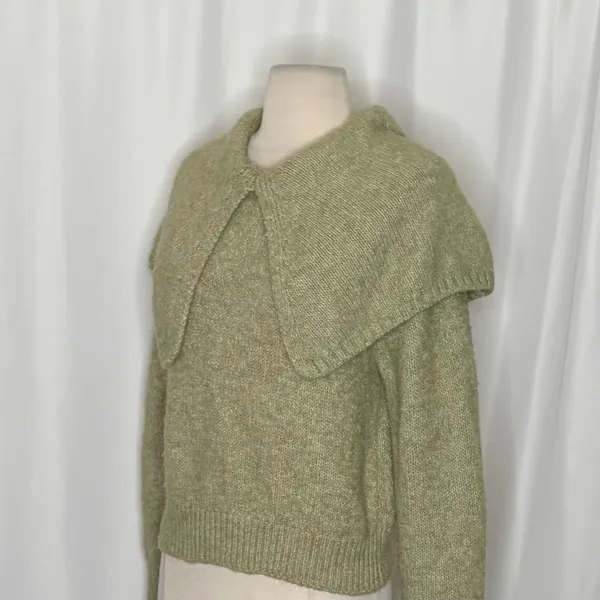 ZARA Wide Lapel Cape Collar Knit Sweater Sage Green Pullover Cottagecore Medium - Image 8