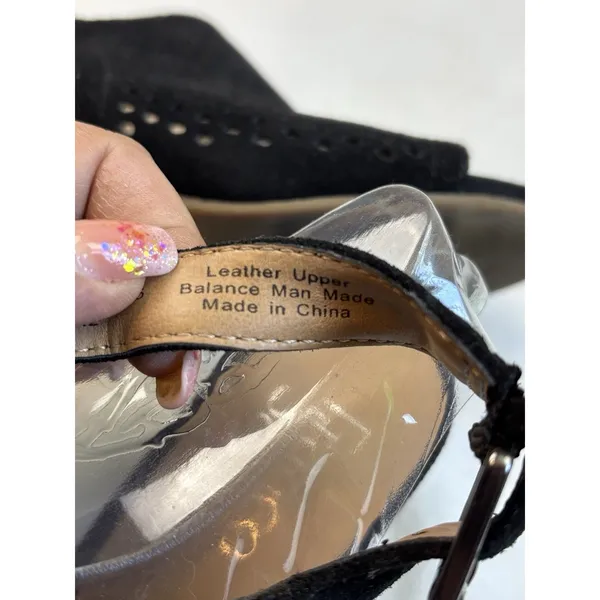 Franco Sarto Mandi Blk Suede Block Heel Shoes Peep Toe Buckle Sz 6.5 Sling Back - Image 7