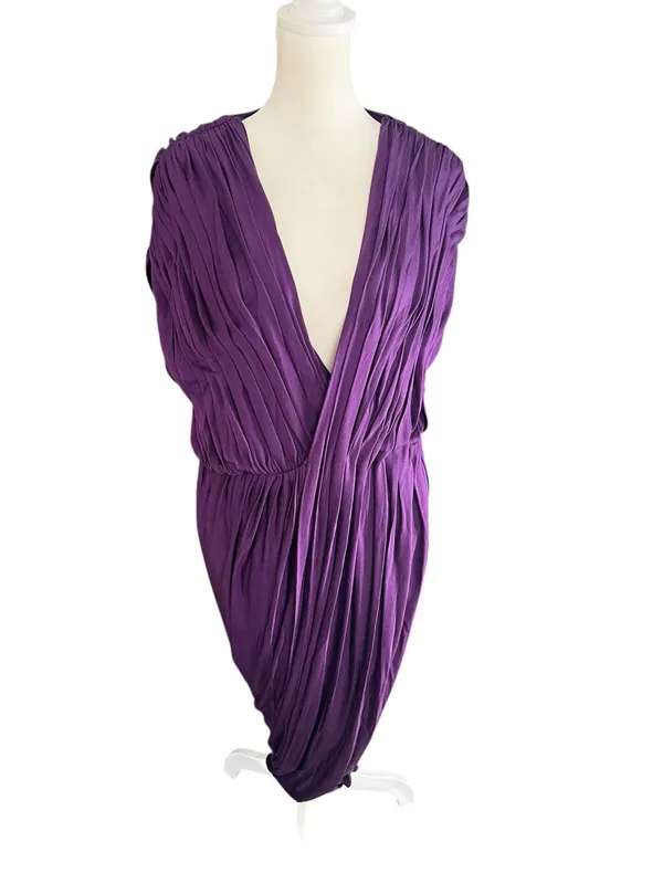3.1 Phillip Lim Plum Purple Silk Blend Draped Ruched V Neck Midi Dress M - Image 2