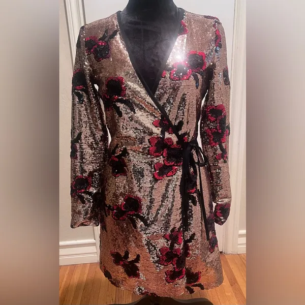 ZARA Gold with Red & Black Floral‎ Sequins Crossover Wrap Mini Dress Size XS - Image 8