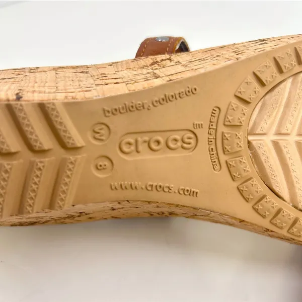 Crocs A-Leigh Leather Cork Wedge Sandals Brown Strappy Slip On Womens 8 Comfort - Image 11