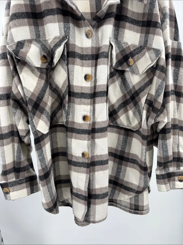 Arizona Jeans Cream black plaid button front shacket shirt jacket XXL - Image 3