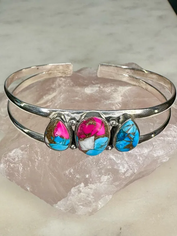 Cotton Candy Turquoise Sterling Silver Multi Stone 3 Stone Cuff Bracelet 925 - Image 2