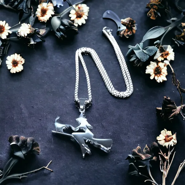 Witch Broom Cat Pendant Necklace Women Witchcraft Silvery Color Hollow Out‎ - Image 2