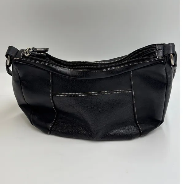 Genuine Leather Black Hobo Shoulder Bag White Stitching Crossbody Strap - Image 7