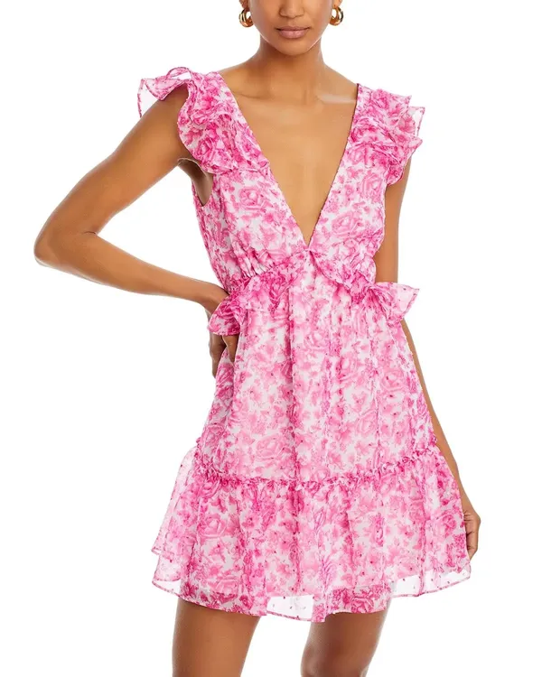 AQUA Pink Floral Ruffle Trim Mini Dress - Image 2