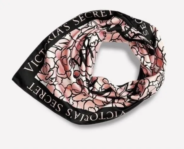 Victoria's Secret Pink and Black Floral Logo Bombshell Silk Scarf - Image 3