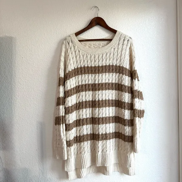 Pilcro by Anthropologie Womens Sweater Longline Ivory Beige Stripe Size XL - Image 2