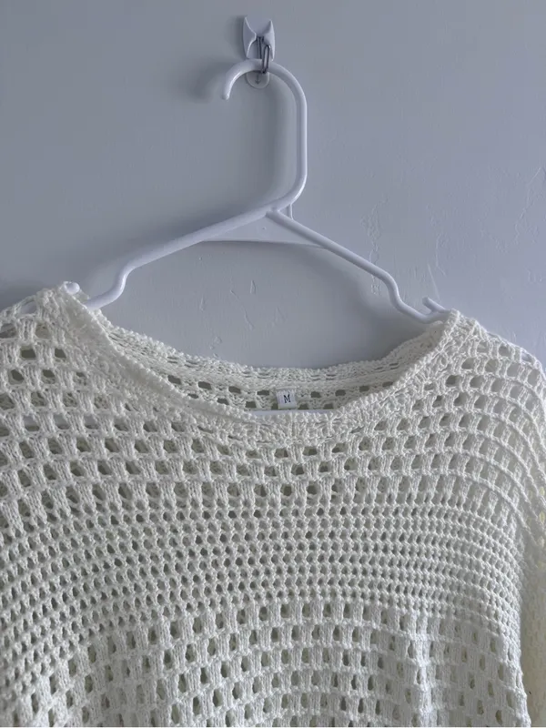 Cream Crochet Open-Knit Sweater Swim Coverup Medium - Image 3