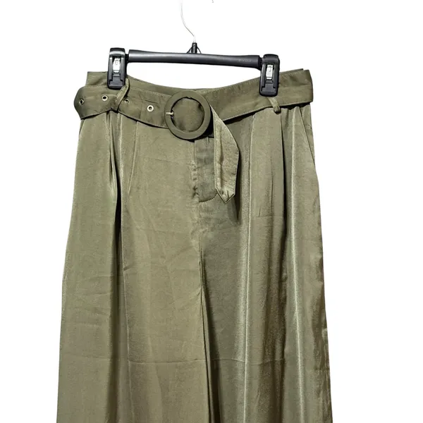VICI Women Olive Green Satin Wide Leg Belted Pleated Trousers Size Small - Image 3