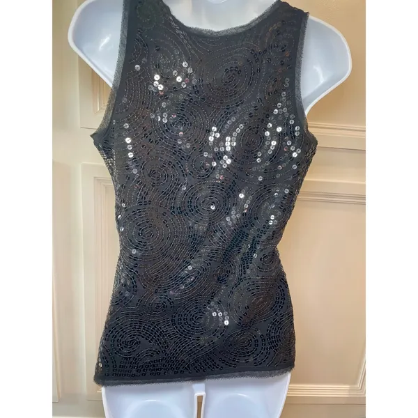 White House Black Market S Black Sequin Sleeveless Top Scoop Neck - Image 4