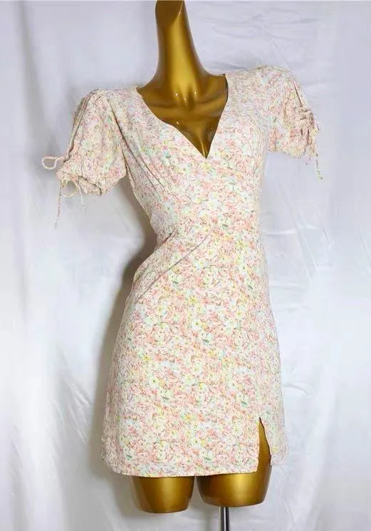 Kiss the Sky Pink/Green Puff Sleeve V-neck Mini Dress w/ Slit - Image 2