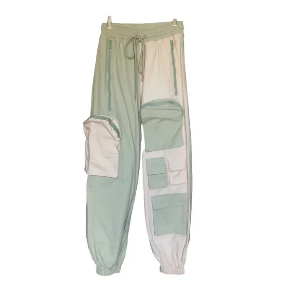 Hot & Delicious Colorblock Cargo Jogger Pants Mint Green Cream Multi Pocket SM - Image 2