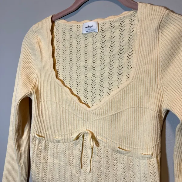 Wilfred Aritzia Yellow Soloist Pointelle Knit Babydoll Sweetheart Sweater M - Image 3