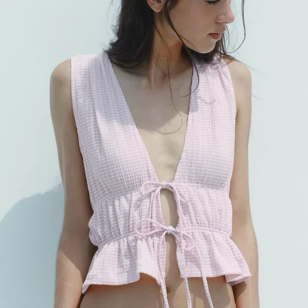 NWT Zara women’s Pink Gingham Tie-Front Top medium - Image 3