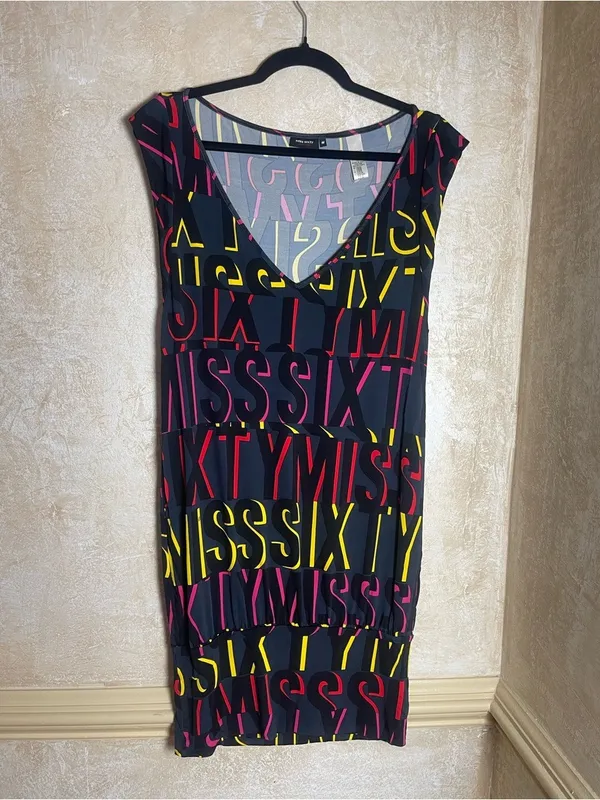 Vintage Miss Sixty Logo Print Sleeveless V-Neck Dress Made In Italy Sz S Y2K - Image 2