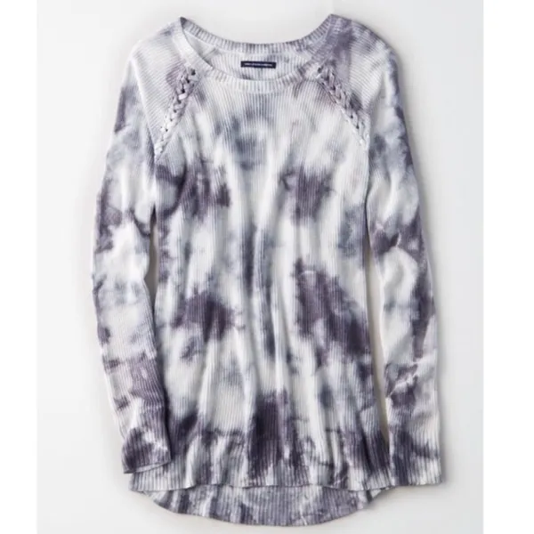 AMERICAN EAGLE Shoulder Stitch Sweater Gray Black ? Tie Dye Boho Crew Neck Boho - Image 4