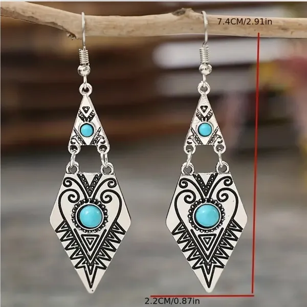 Carved Geometric Shape With Turquoise Decor Dangle Earrings Retro Bohemian Style - Image 3
