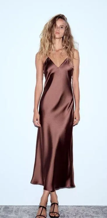 Zara dress midi maxi satin wedding lingerie chocolate brown party cocktail - Image 6