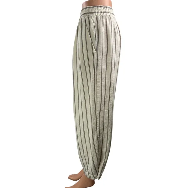 Zara Womens Cream Black Striped Elastic Waist Drawstring Wide Leg Trouser Pant S - Image 2