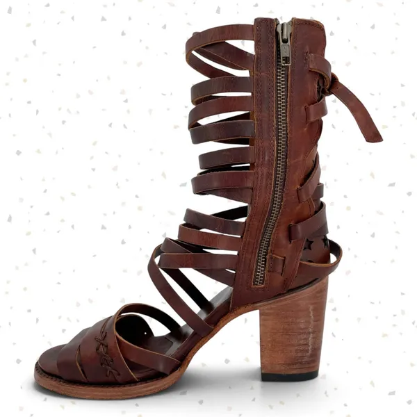 Freebird by Steven Makala Cognac Stars Moons Tall Leather Heeled Sandal Size 10 - Image 5