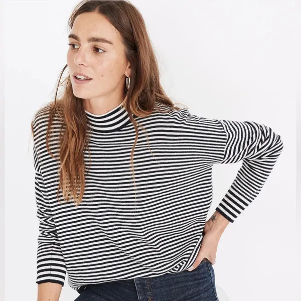 Madewell Stripe-Mix Ashbury Mockneck Sweater Dark‎ Indigo Navy Blue & White XXS - Image 2