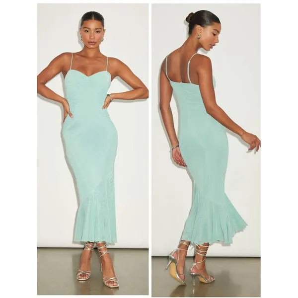 Lulus Giorgina Sage Mesh Gathered Trumpet Midi Dress Size XS Cocktail Sexy - Image 2