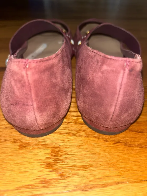 Lord & Taylor Designer Merlot Suede Pointed Mary Jane Flats with Studded Straps - Image 5