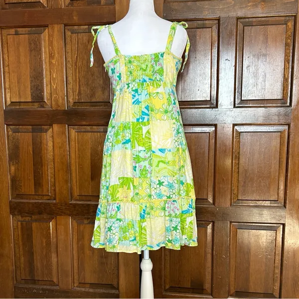 Lilly Pulitzer Patchwork Linen‎ Dress Size 4 Green Yellow Floral Tie Strap Lace - Image 3