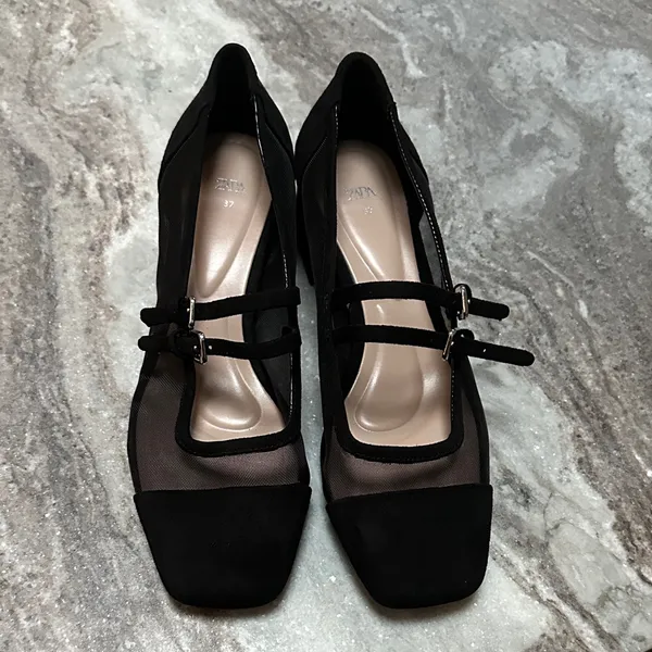 Zara Black Mesh Squared Toe Block Heeled Mary Jane’s Sz 37 (6.5) - Image 5