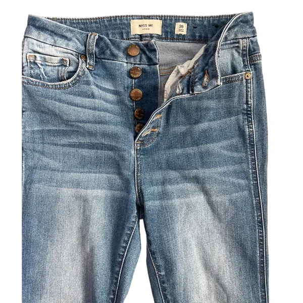 MISS ME Denim Crop‎ Boot Jeans Button Fly Medium Wash Raw Hem Size 26 - Image 3