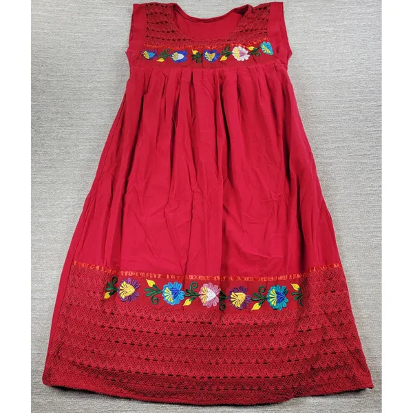 Handmade Mexican Dress M Red Embroidered Muumuu Floral Crochet Boho Hippie Midi - Image 3