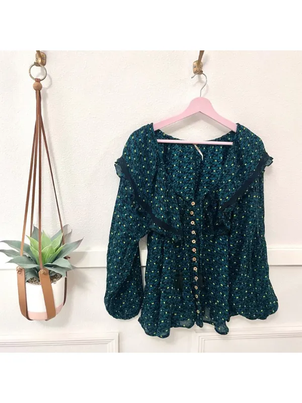 Free People Sunrise Printed Long Sleeve Shirt Black/Teal Size M - Image 2