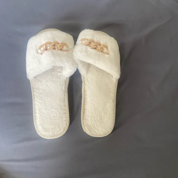 Faux Fur Slide Slippers with Gold Chain Detail - Image 2