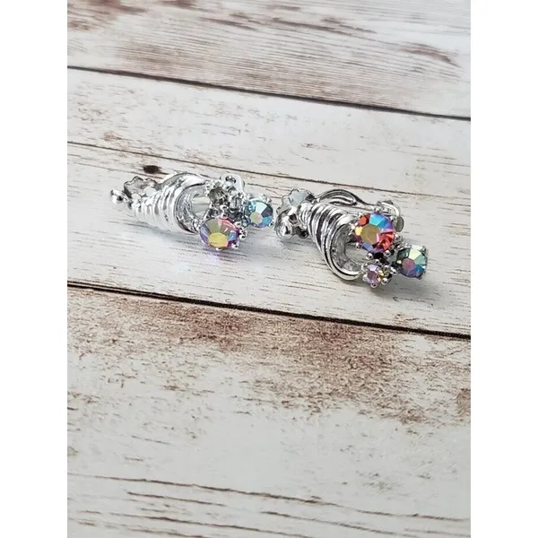 Vintage Clip On Earrings Silver Tone Hat With Iridescent Gems - One Gem Missing - Image 2