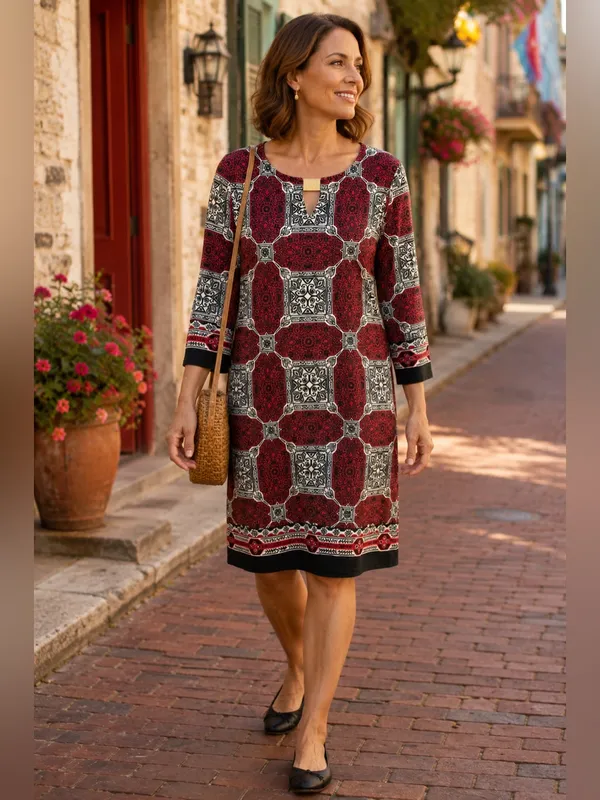 Sunny Leigh Red Black Medallion Print Shift Dress Gold Hardware 3/4 Sleeve Small - Image 2