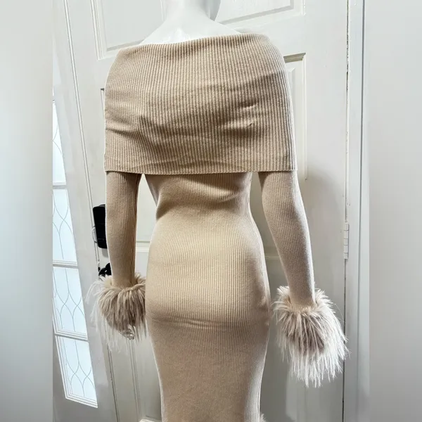 JOLLYA Off-Shoulder Cream Knit Dress with Feather Trim Size M/L P-36 - Image 5