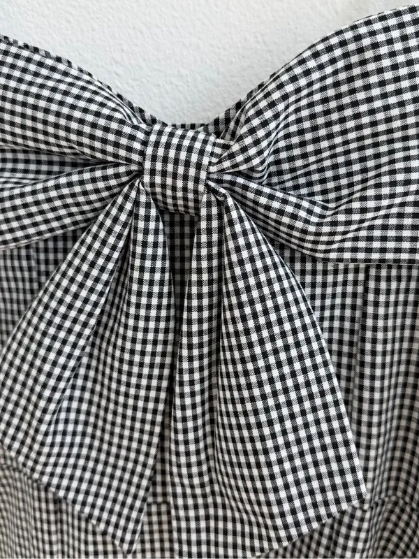Japanese Gingham Bow Front Midi Dress Black White Size M - Image 4