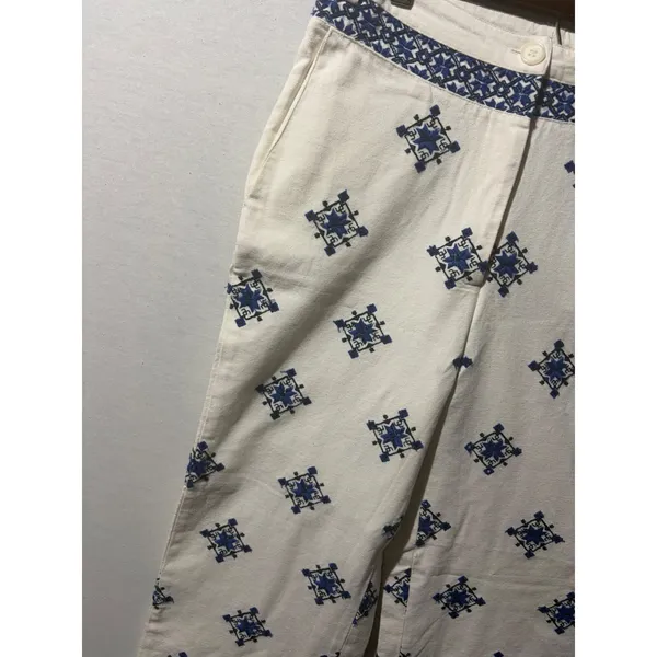 Mango White Blue Geometric Embroidered Wide Leg Cropped Pants Size‎ 4 NWT - Image 4