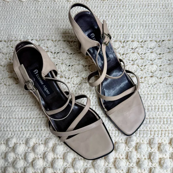 ETIENNE AIGNER Leather Strappy Square Toe Block Heel Sandal Beige Women's 10 - Image 11