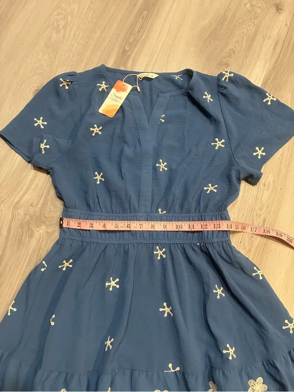 Simple Blue Short-Sleeve Embroidered Tiered Mini‎ Dress - Image 6