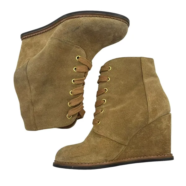 Kate Spade Size 7 Wedge Booties Saundra Tan Suede Lace Up Boots New York Fall - Image 3