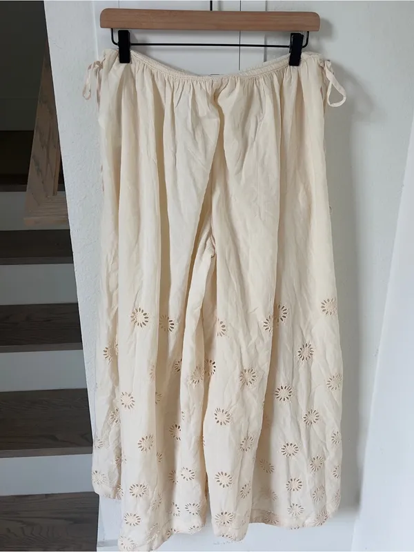 Free People Sweet Serenade Pull On Eyelet Wide Leg Cotton Floral Pants Sandshore - Image 4